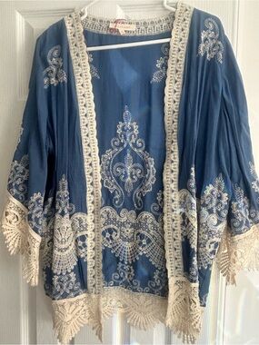 Solitaire Blue Kimono Jacket with Cream Crochet Trim